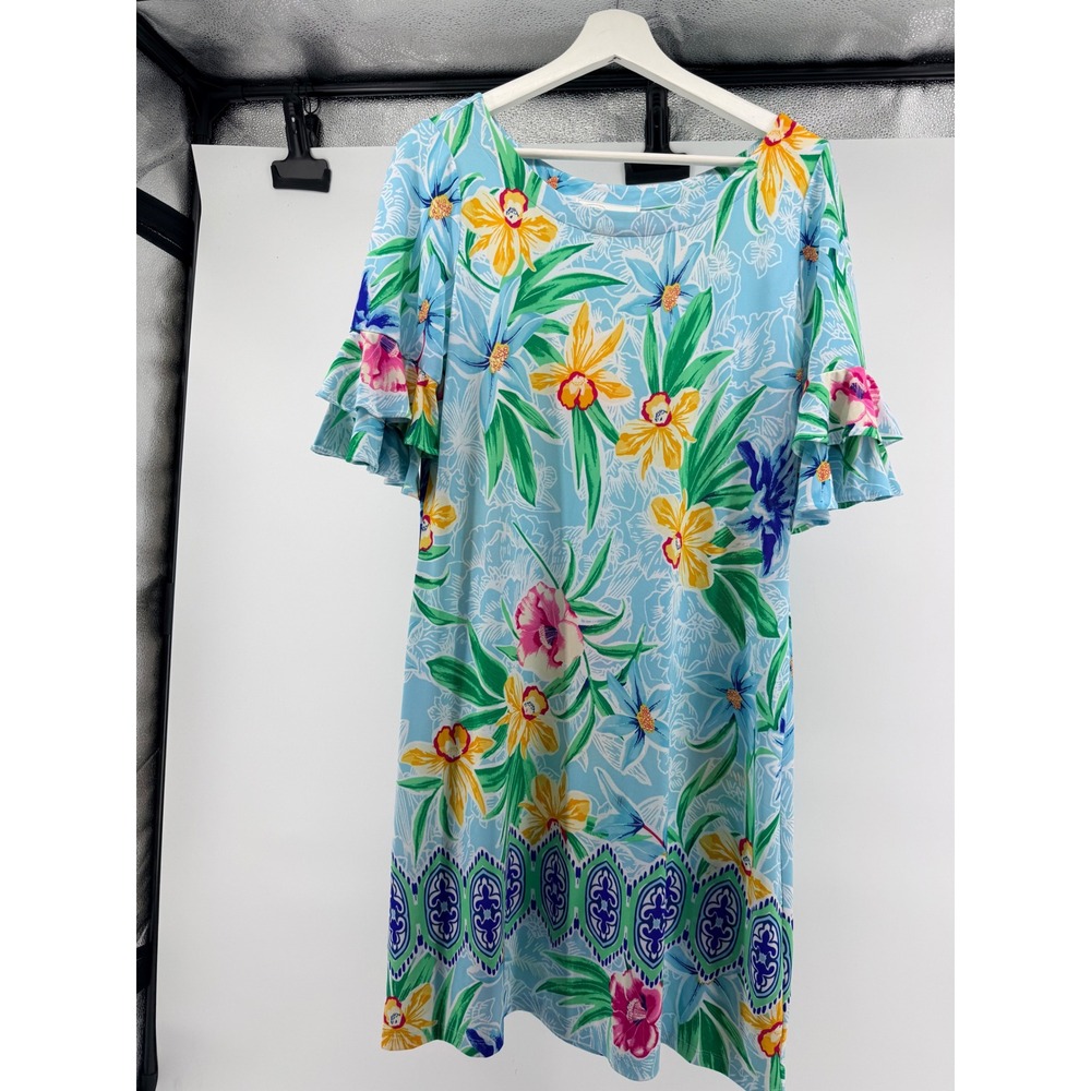 Pappagallo Women Blue Tropical Floral Ruffle Sleeve Shift Dress Medium Summer
